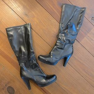 Black Platform “Lively” Zip-up Boots, in soft vegan stretchy patent leather…